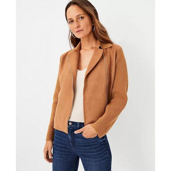 Ann Taylor Camel Tan Multimedia Suede + Knit Collared Moto Jacket Large - Picture 11 of 11